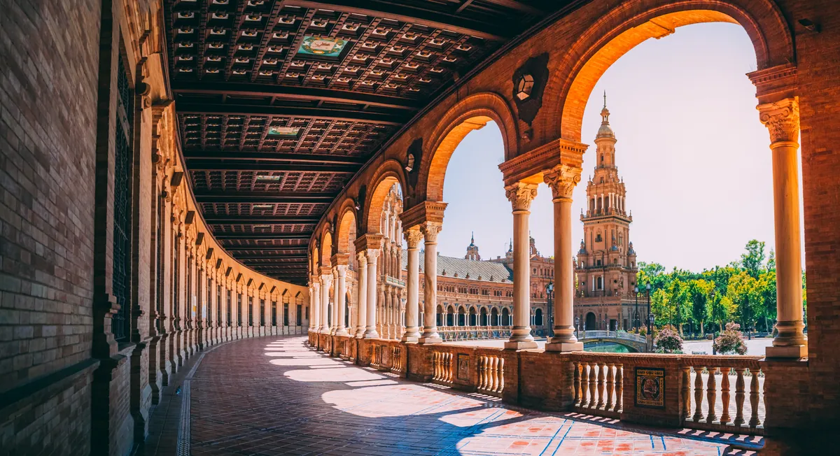 Plaza de España in Seville with the canal and tiled bridges