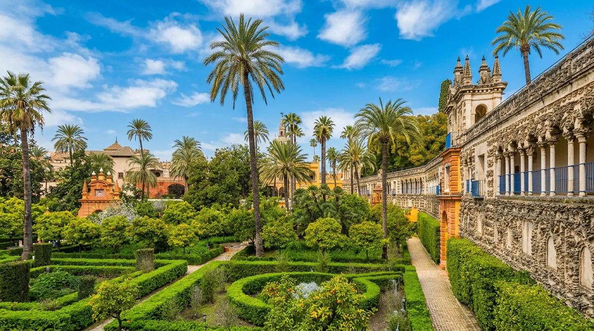 Royal Alcázar of Seville courtyard and gardens